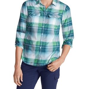 EDDIE BAUER Mosaic Blue Green Plaid Button Mountain Women's Shirt / Size Large